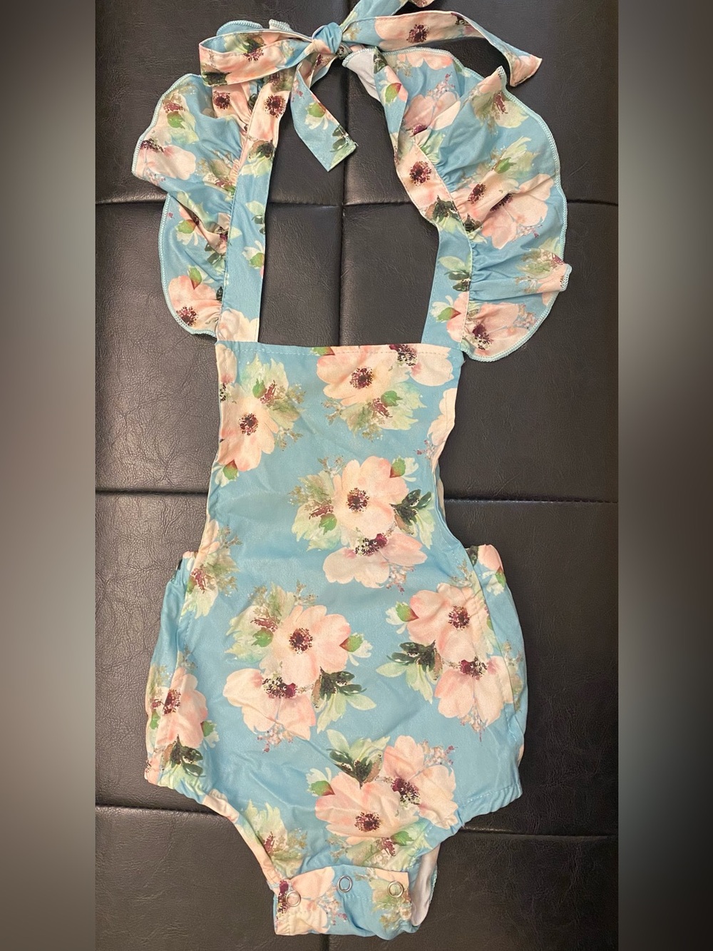 Blue Floral Halter One-Piece Bodysuit for Kids